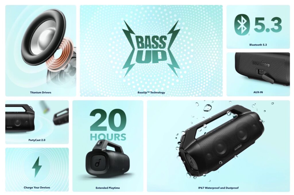 米Anker、合計80WのサウンドドライバーやBluetooth 5.3、IP67防水、PartyCast 2.0対応のアウトドアスピーカー