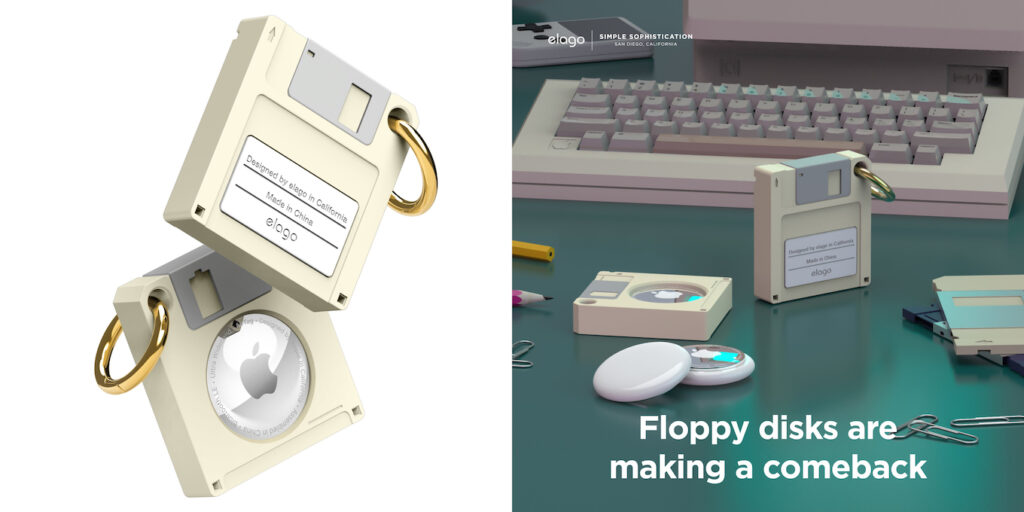 米elago、フロッピーディスク風デザインのAirTagケース「Floppy Disk Case for AirTag」を発売。