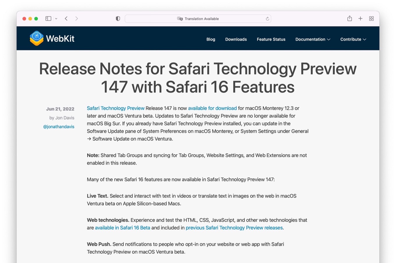 Release Notes for Safari Technology Preview 147 with Safari 16 Features