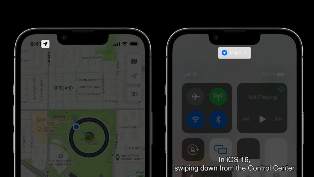 iOS 16では、カメラとマイクに加え、位置情報を使用したアプリもコントロールセンターに表示されるように。