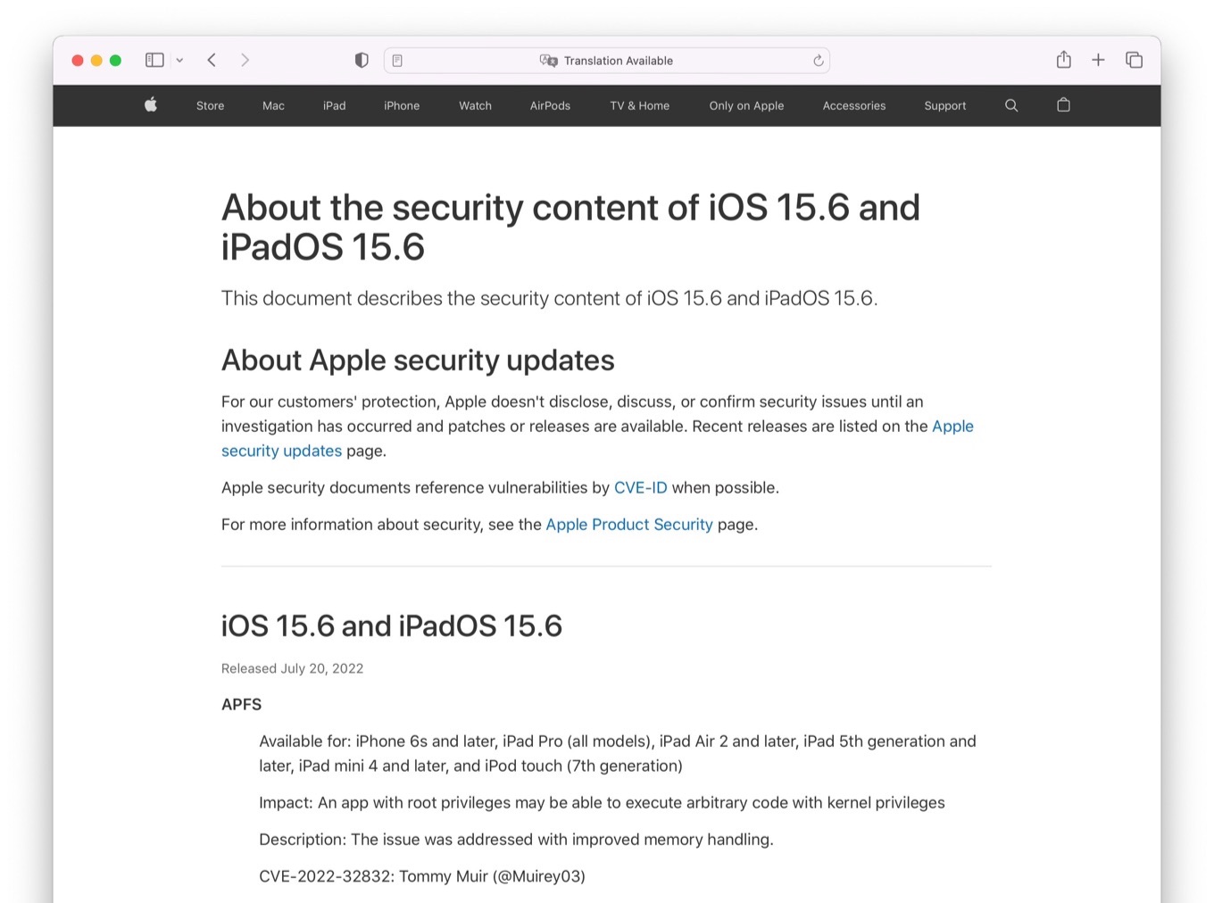 About the security content of iOS 15.6 and iPadOS 15.6