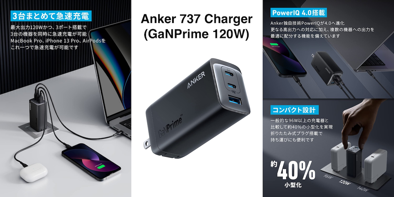 Anker Japan、GaNPrimeを採用し、一般的な96W以上の充電器と比較して約 