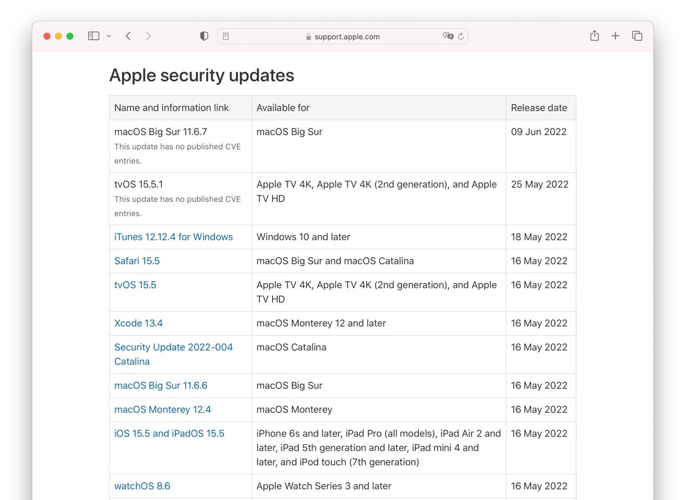 2022年05月のApple Security Update