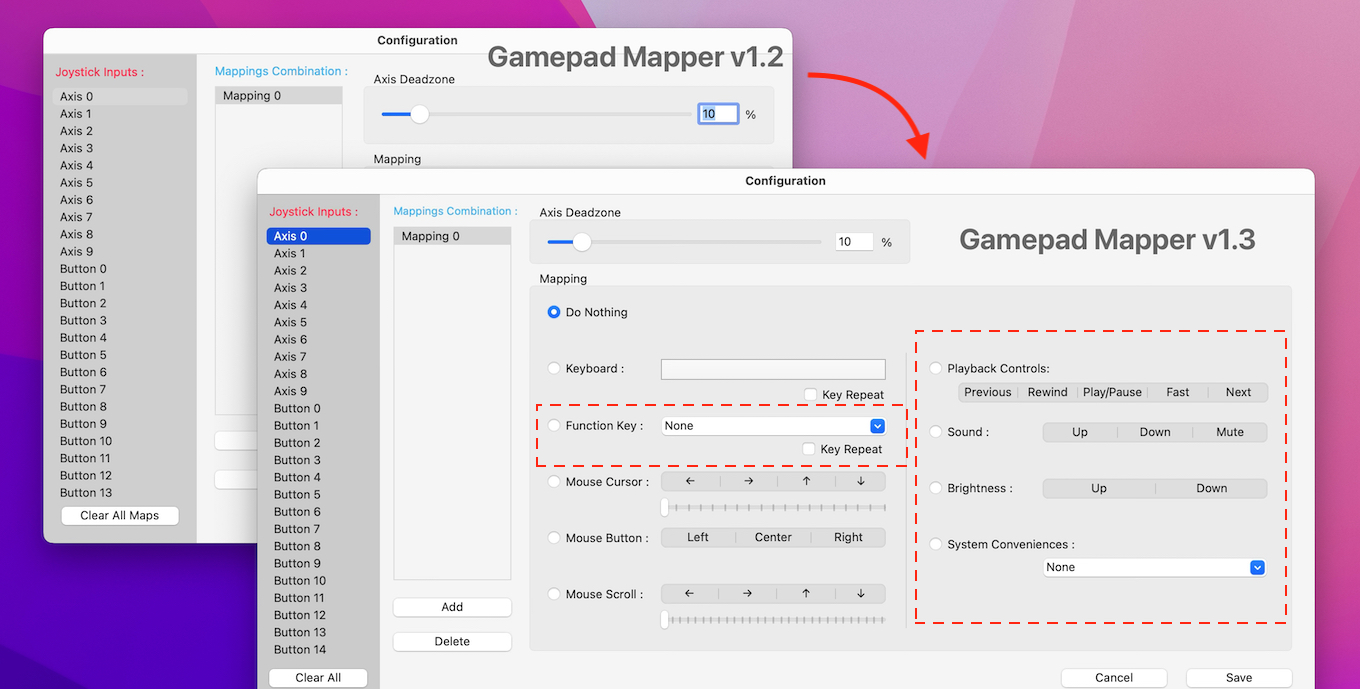 Gamepad Mapper v1_2 and v1_3 settings