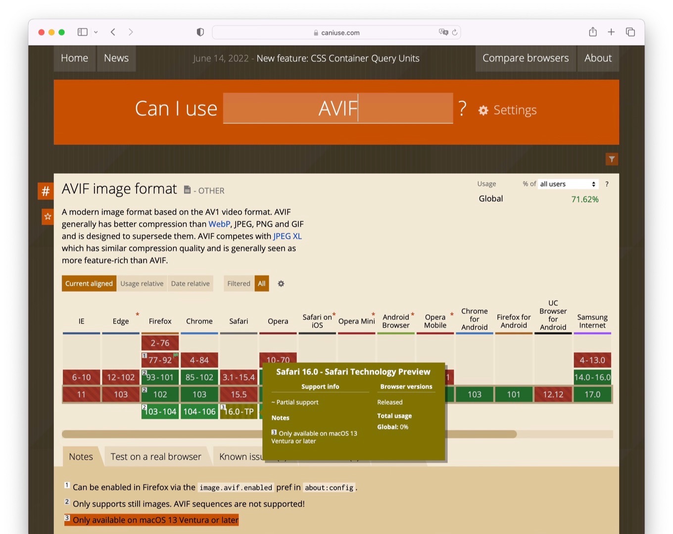 Safari v16 beta 3 support AVIF format