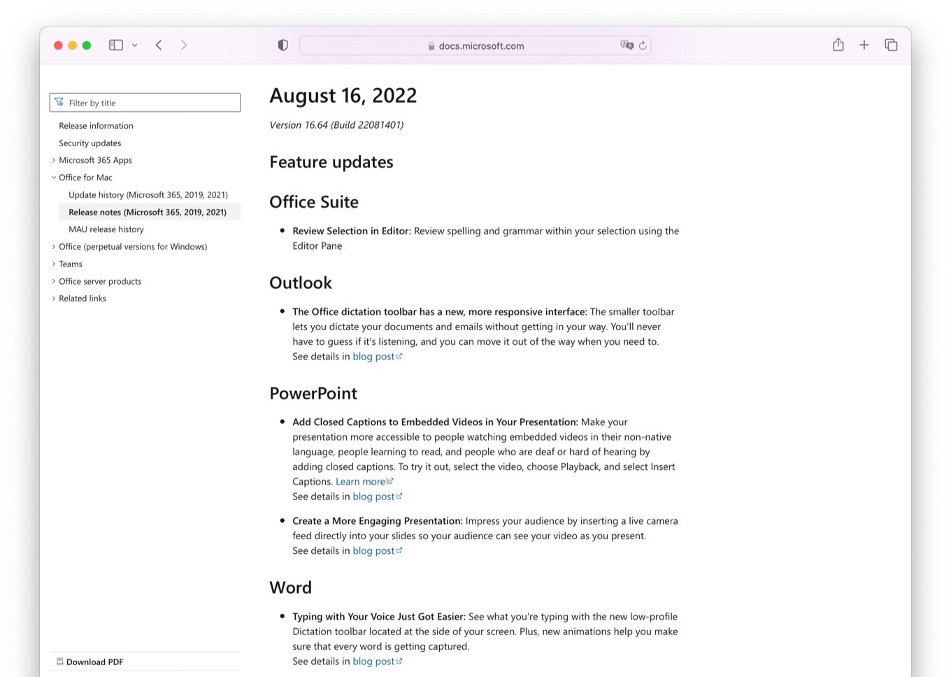 Microsoft Office for Mac August 16 2022 update