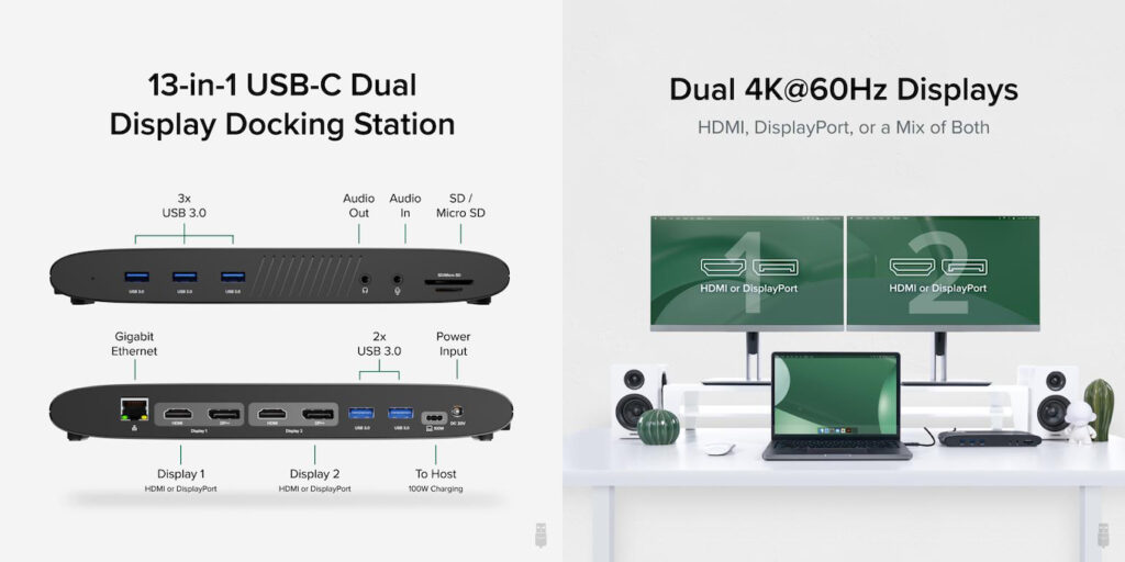 DisplayLinkチップを採用し、Apple M1/M2チップ搭載のMacでDual 4K/60Hzディスプレイ出力をサポートする