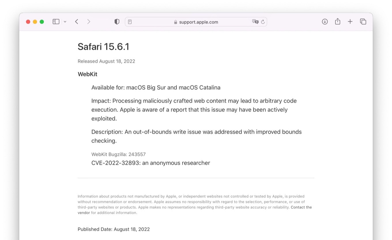 About the security content of Safari 15.6.1