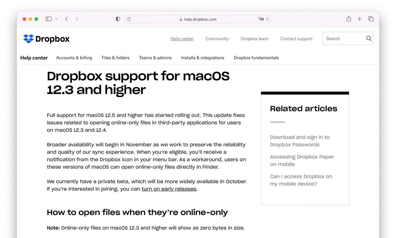 Apple File Provider Framework support Dropbox in November