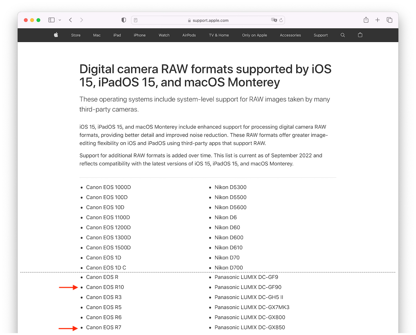 Digital camera RAW formats supported by iOS 15, iPadOS 15, and macOS Monterey