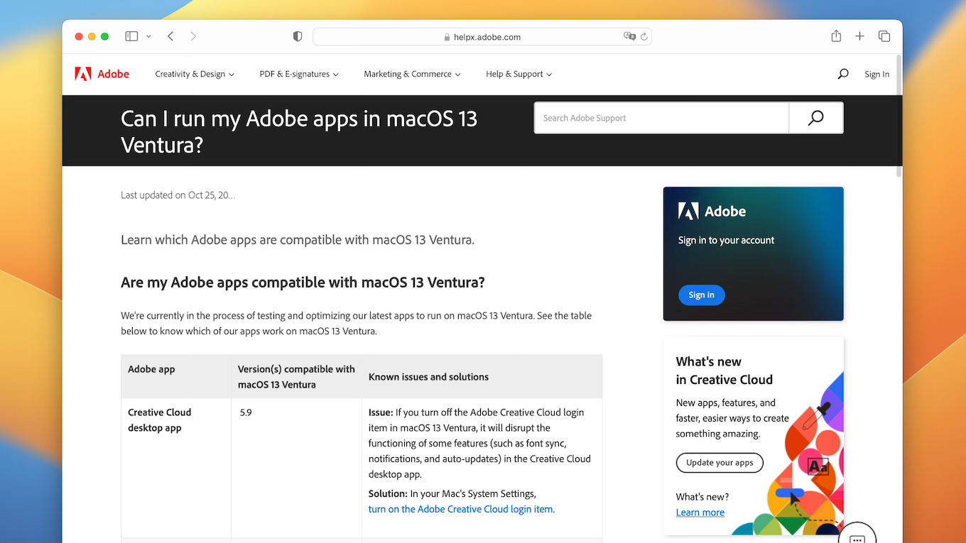 Adobe apps are compatible with macOS 13 Ventura