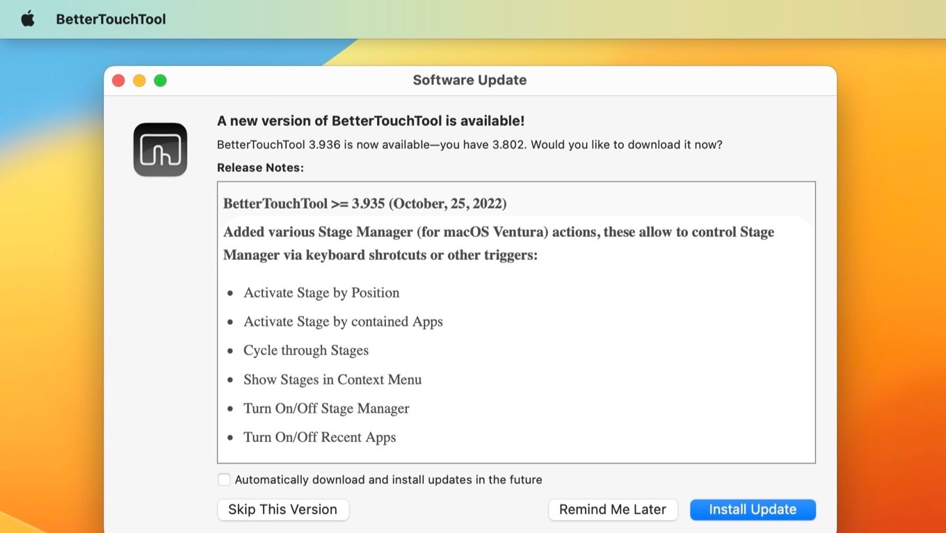 BetterTouchTool added Stage Manager Action