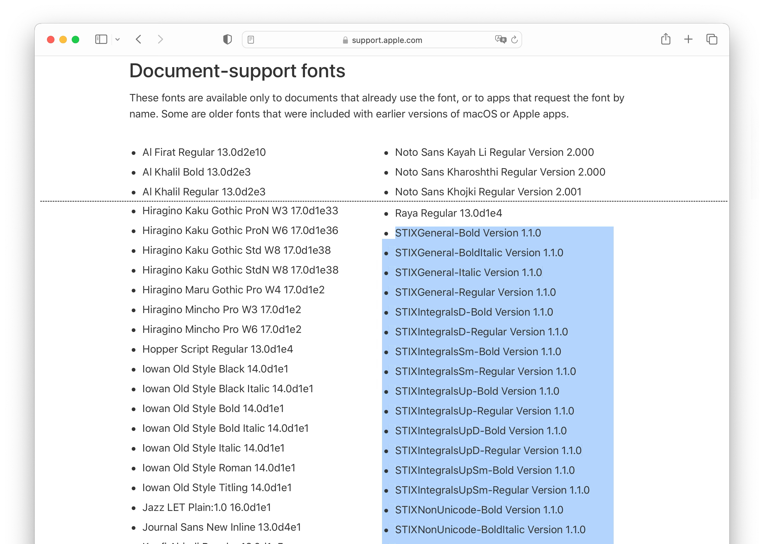 Document-support fonts macOS 13 Ventura
