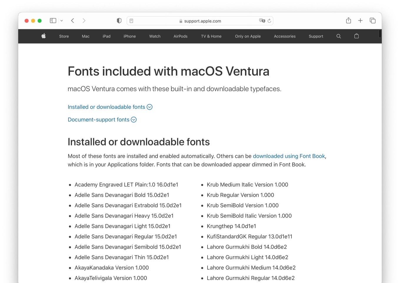 Fonts included with macOS Ventura