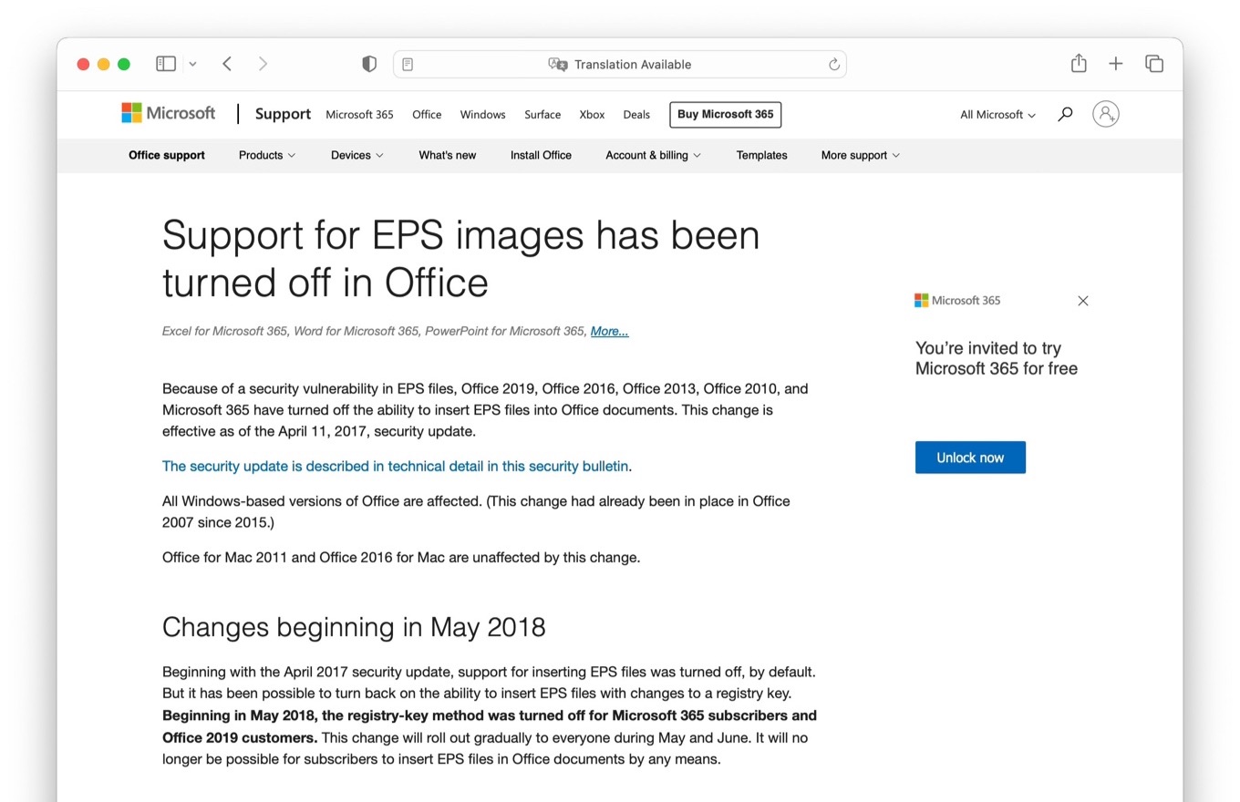 Support for EPS images has been turned off in Office