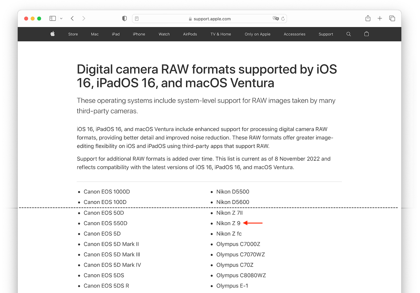Digital camera RAW formats supported by iOS 16, iPadOS 16, and macOS Ventura