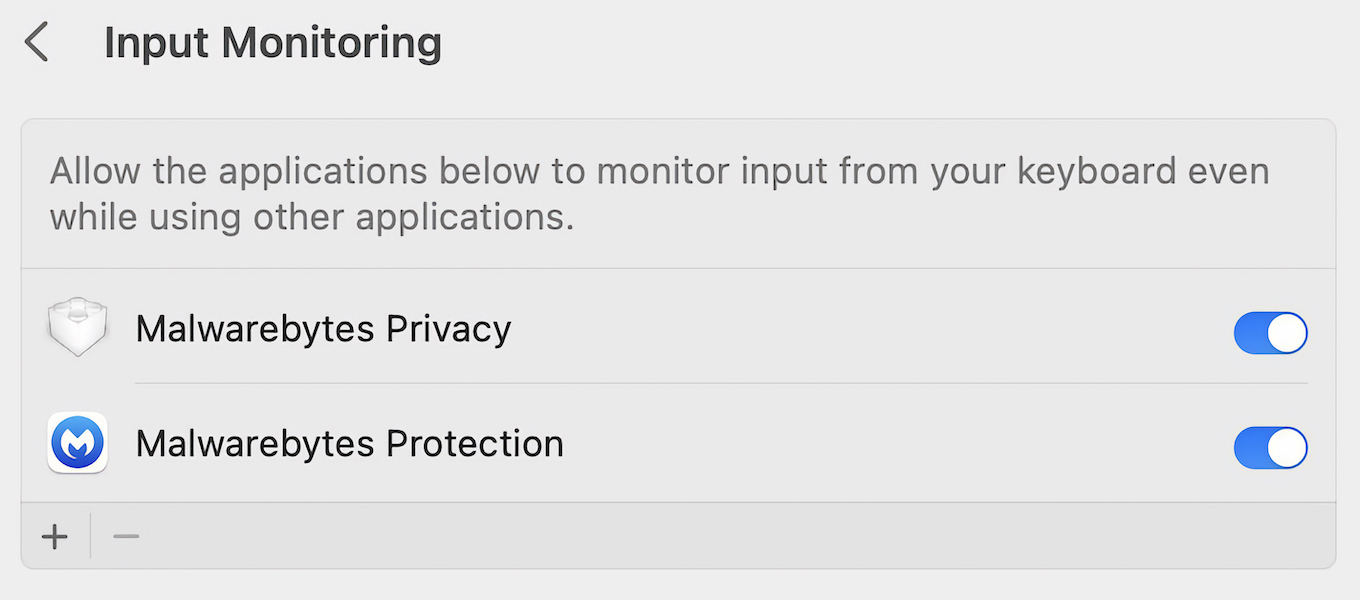 macOS 13 Venturaアップグレード後に入力監視権限が与えら得れてしまっているMalwarebytes