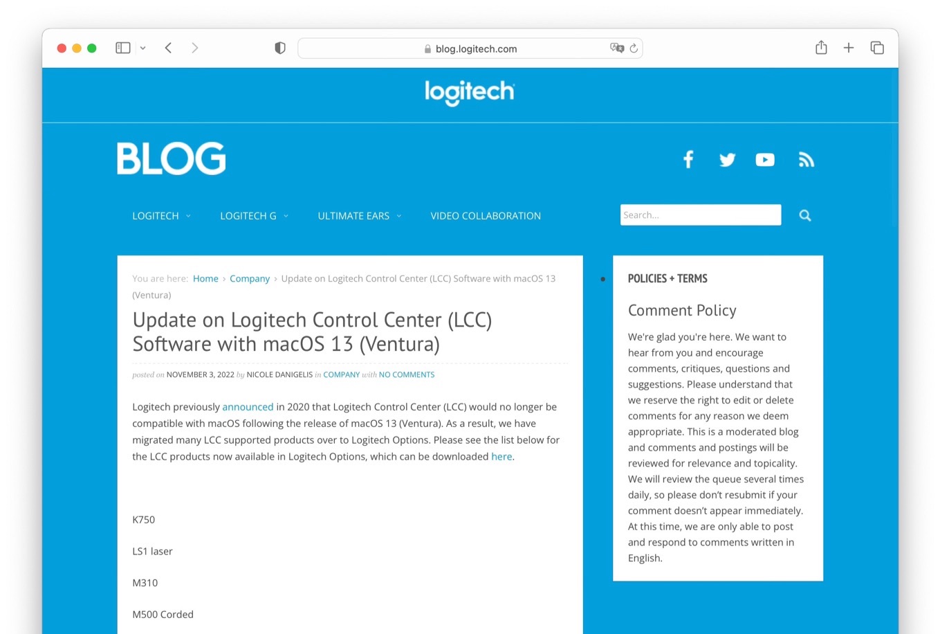 Logitech Control Center end support macOS