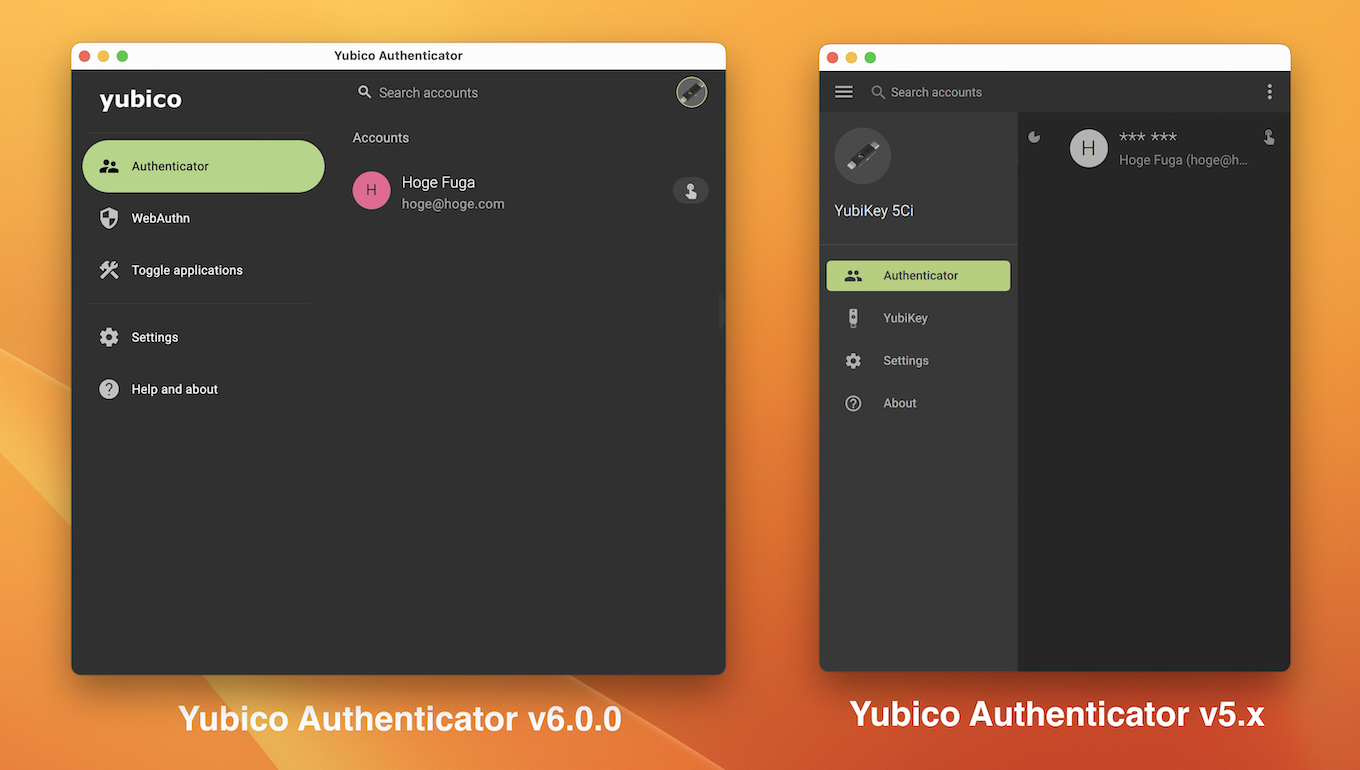 Yubico Authenticator v6.0.0とv5.x