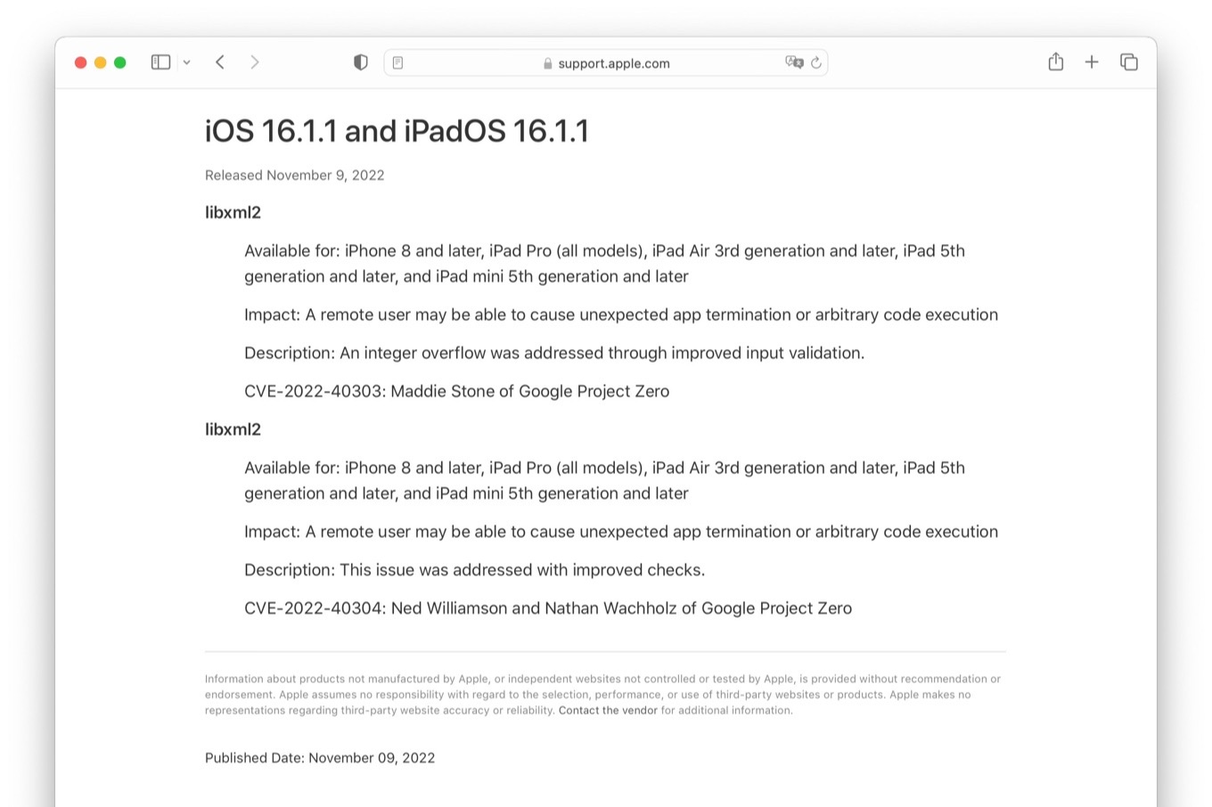 Apple fixed CVE-2022-40303 and CVE-2022-40304