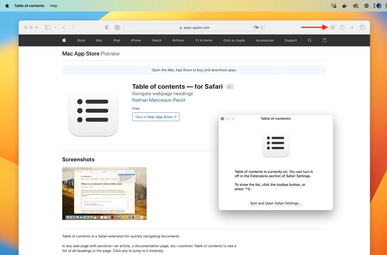 Table of contents for Safari on Mac App Store
