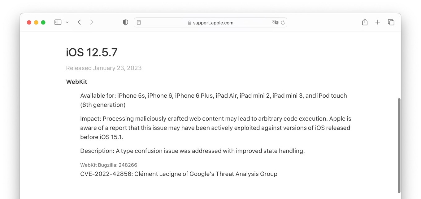 iOS 12 5 7 fixed CVE-2022-42856