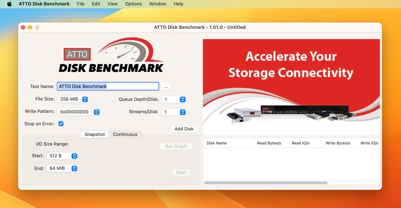 ATTO Disk Benchmark for Macの設定ウィンドウ