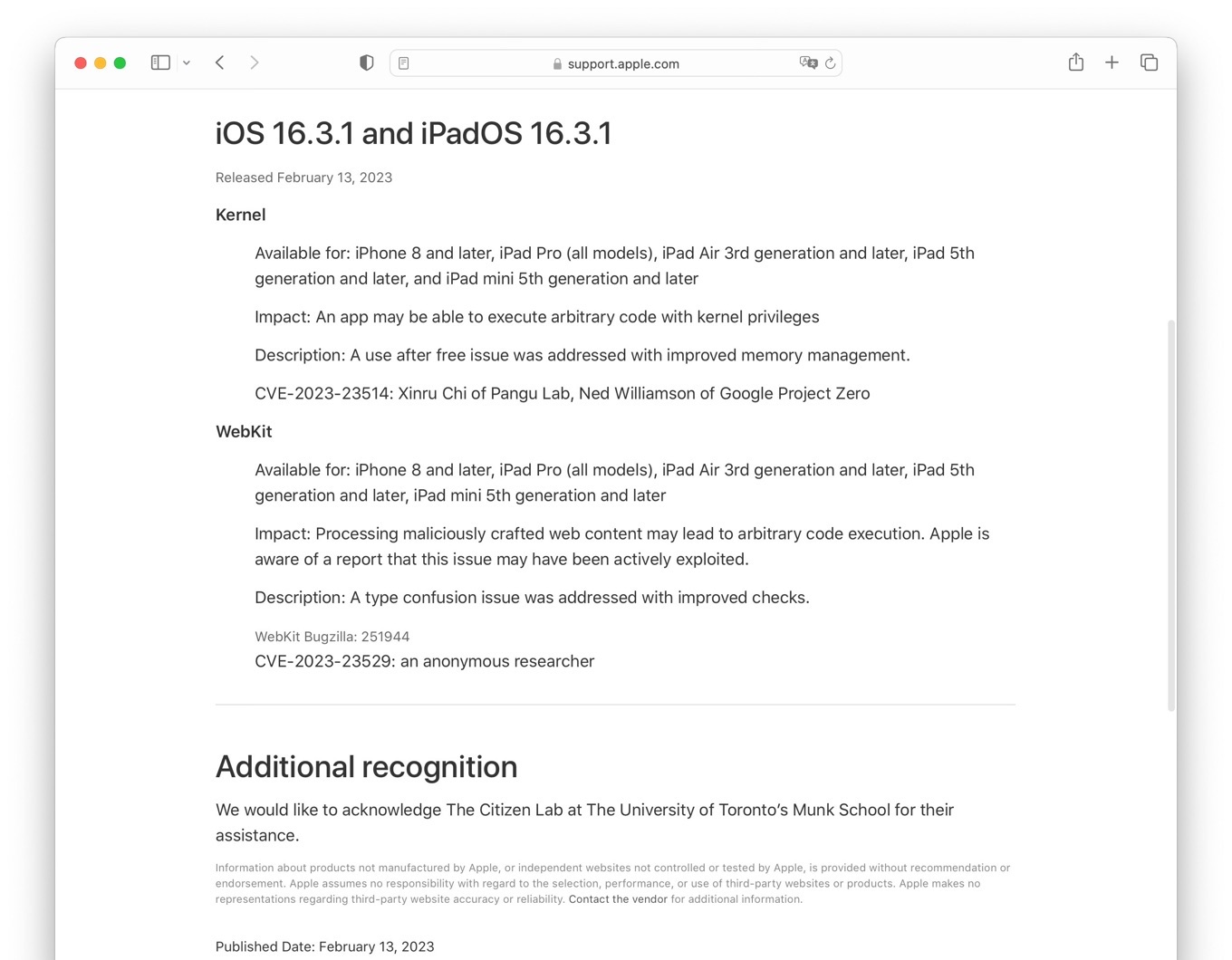 About the security content of iOS 16.3.1 and iPadOS 16.3.1 