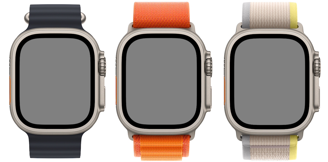 Apple Watch Ultraのオレンジアルパインループ、イエロー/ベージュトレイルループ、ミッドナイトオーシャンバンド