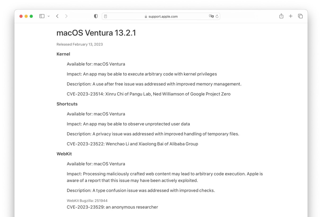 About the security content of macOS Ventura 13.2.1