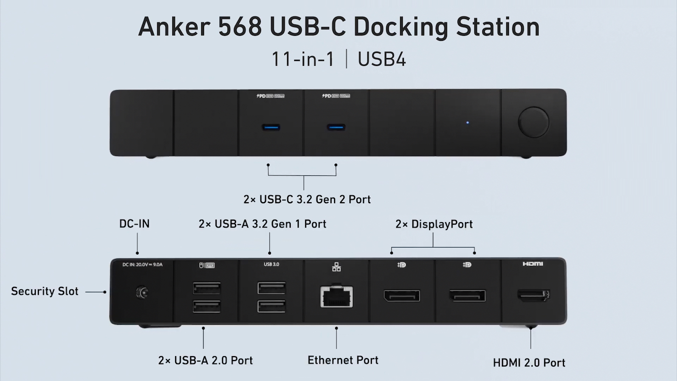 Anker 568 USB-C ドッキングステーション (11-in-1, USB4)のポート類