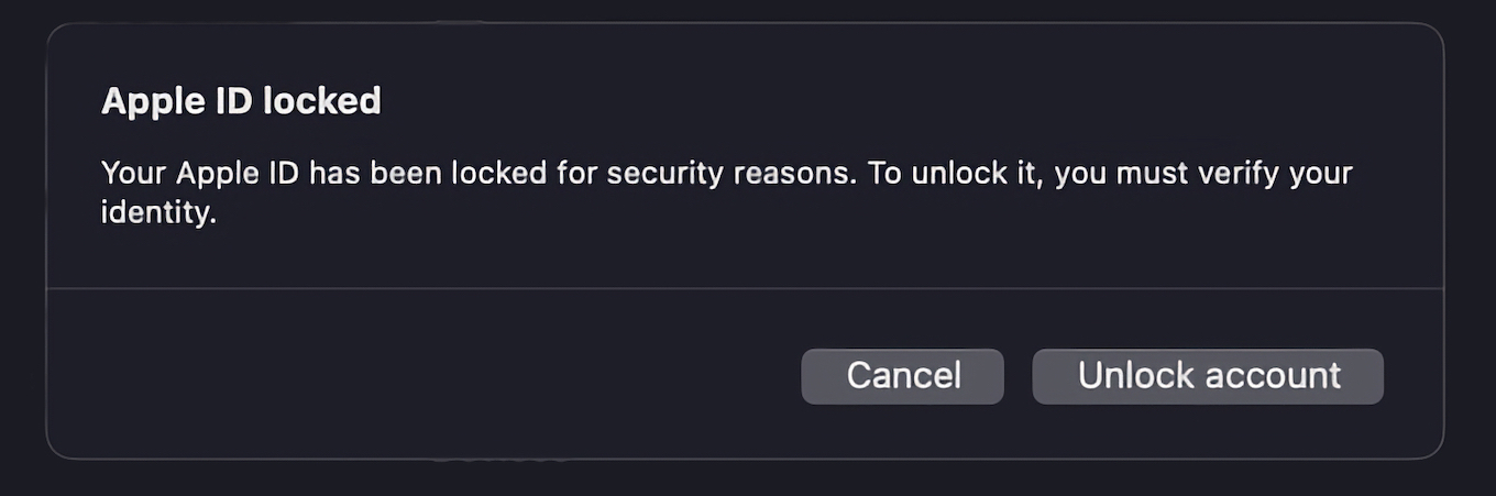 Your Apple ID has been locked for security reasons. To unlock it, you must verify your identity