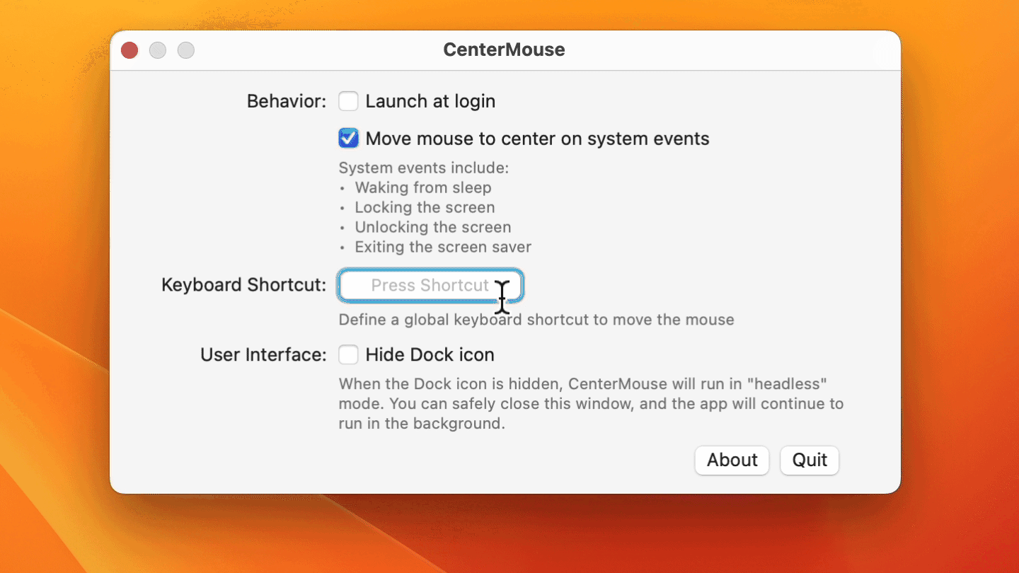 CenterMouse for Mac Keyboard Shortcut