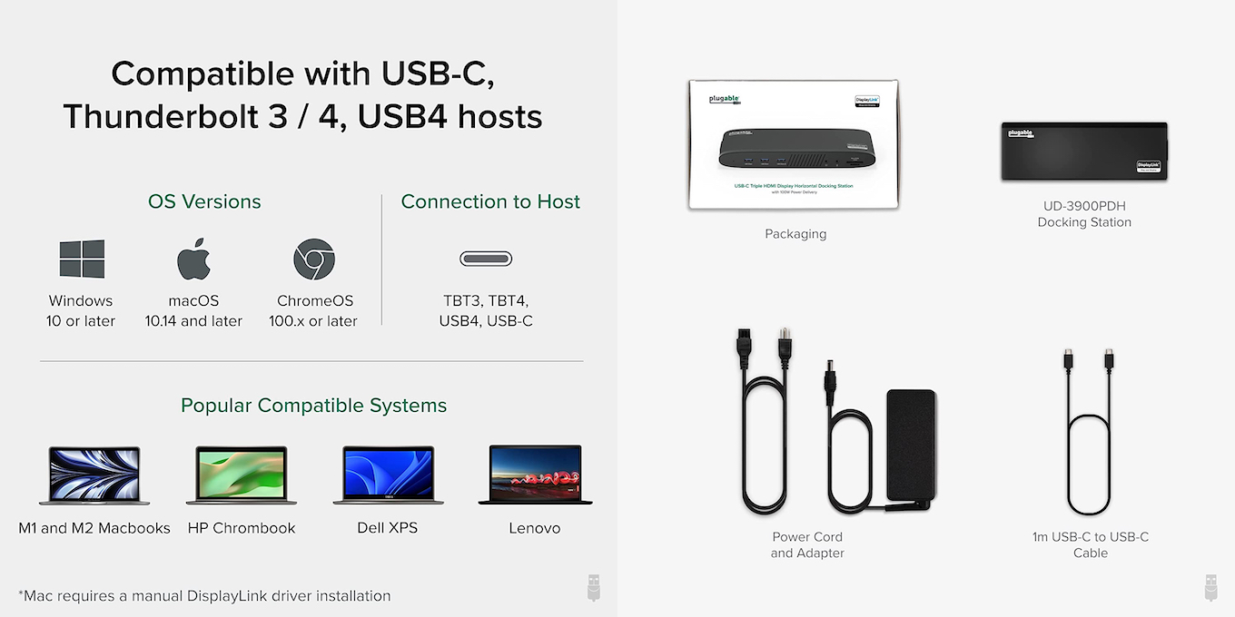 Plugable USB-C Triple HDMI Display Horizontal Docking Station UD-3900PDHのシステム要件