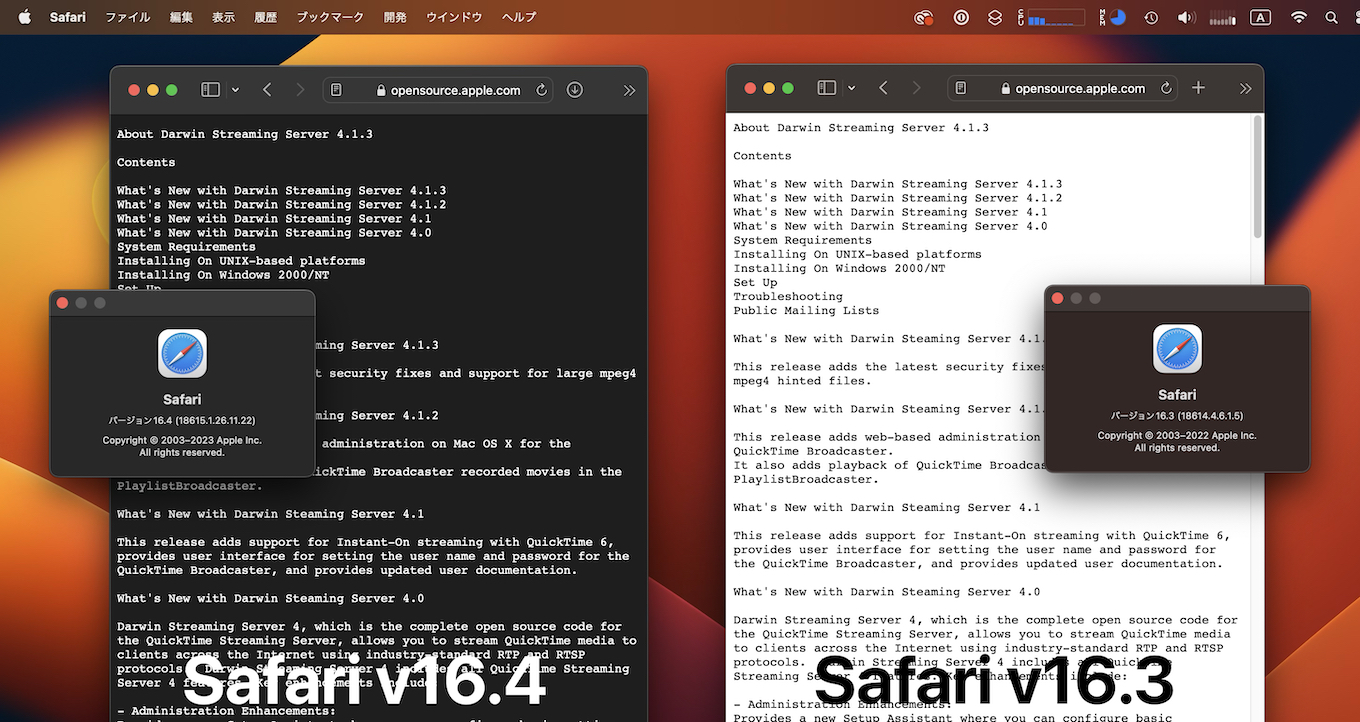 ダークモードのSafari v16.4とSafari v16.3でプレーンテキストファイルを表示