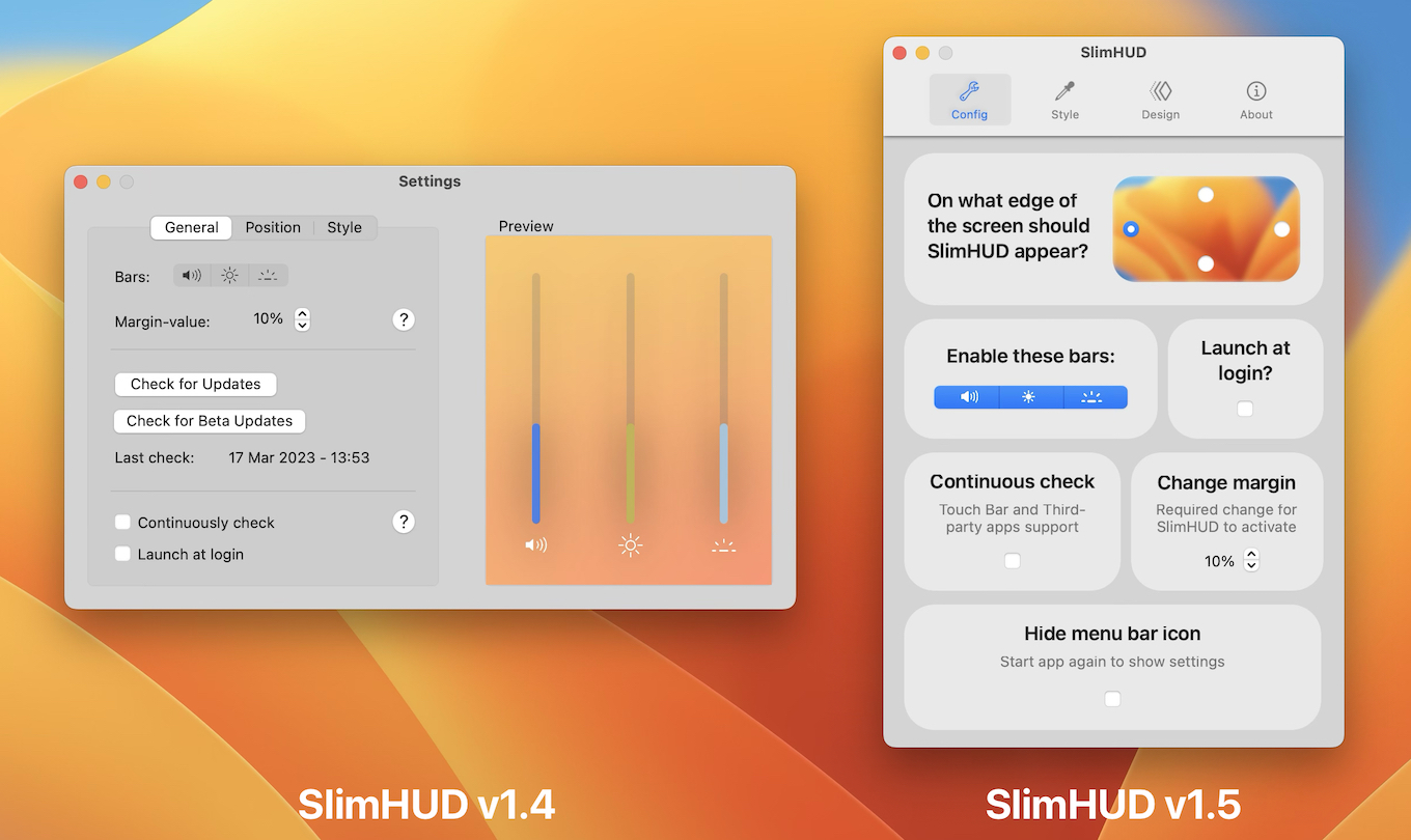 SlimHUD for macOS 13 Ventura v1.4 vs v1.5