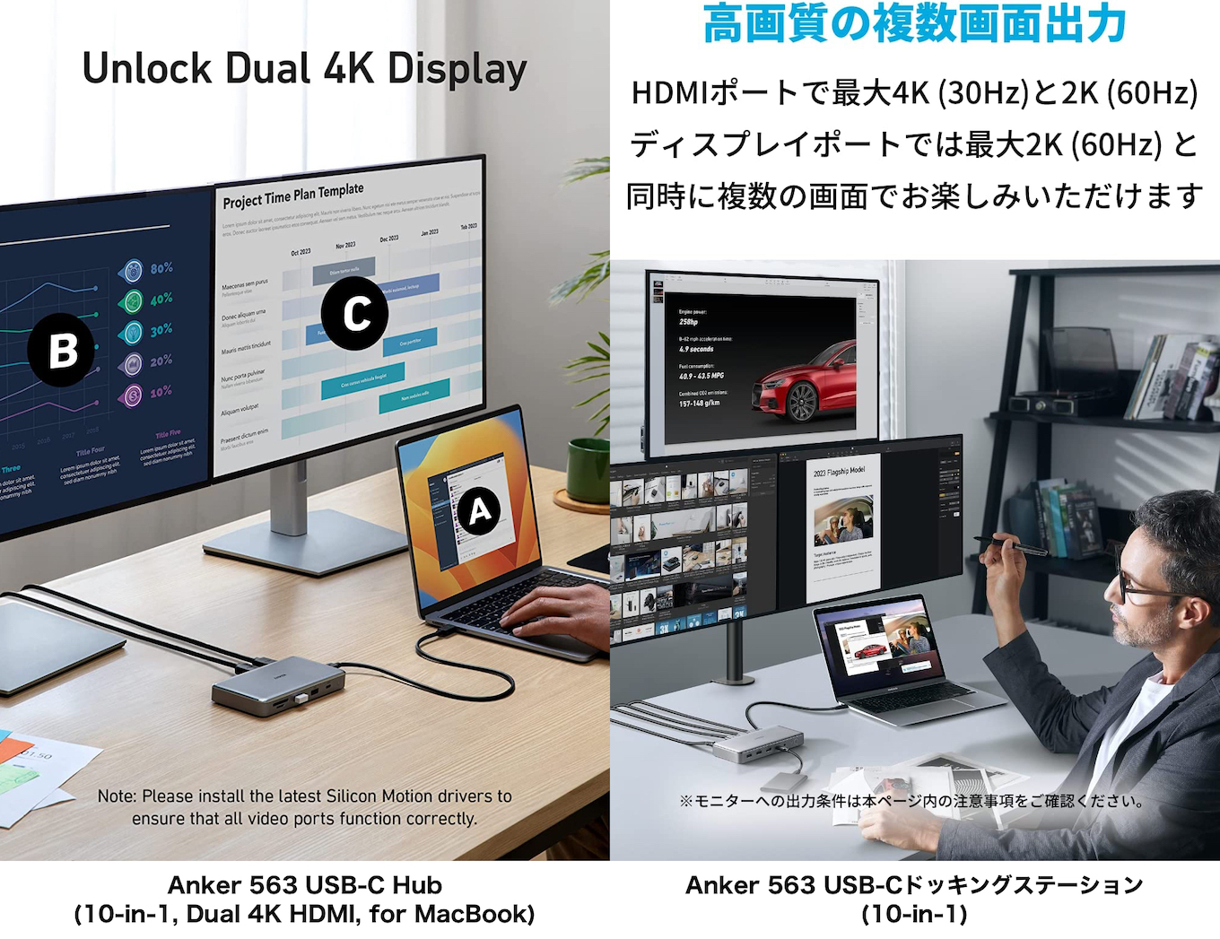 Anker 563 USB-C Hub (10-in-1, Dual 4K HDMI, for MacBook)とAnker 563 USB-C ドッキングステーション (10-in-1)