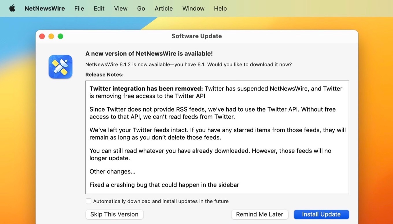 NetNewsWire remove Twitter Integration