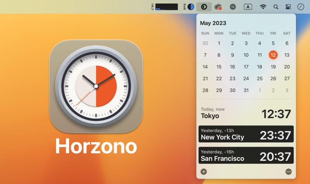 各都市の現在時刻とカレンダーをメニューバーから素早く表示できるMacアプリ「Horzono」がリリース。