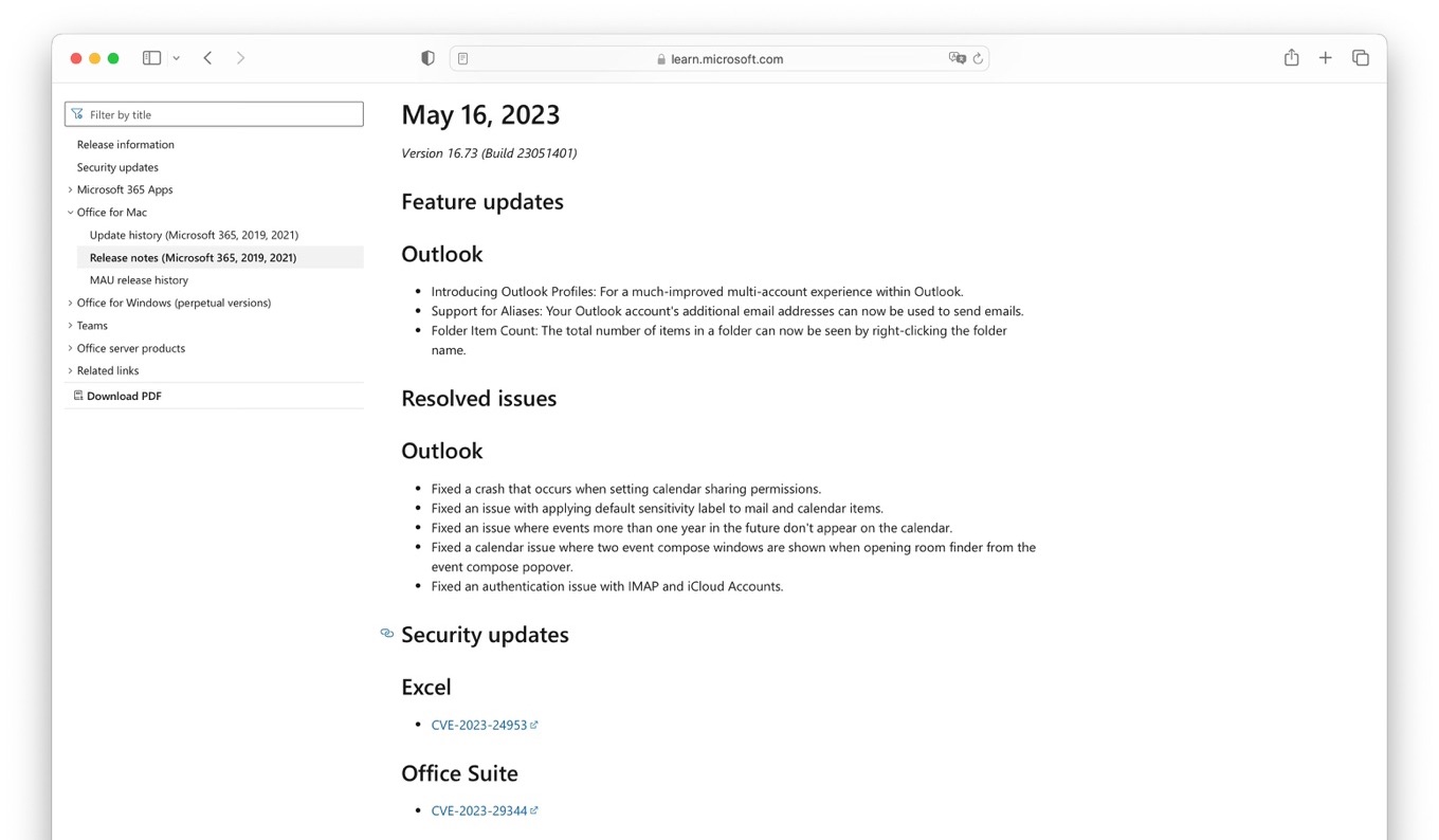 Microsoft 365 and 2019 2021 for Mac May 16 2023 security update