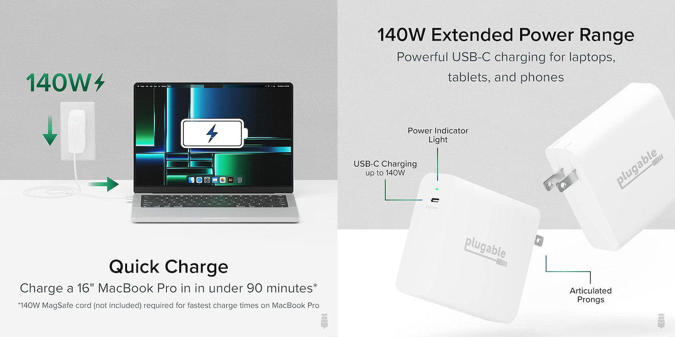 Plugable 140W USB-C GaN Power AdapterはMacBook Proの高速充電対応