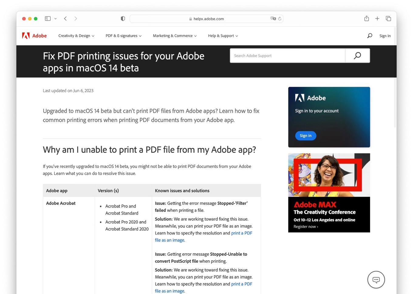 Fix PDF printing issues for your Adobe apps in macOS 14 Sonoma Beta