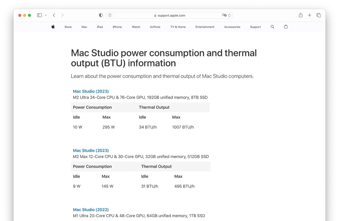 Mac Studio (2023)の電力消費と熱出力