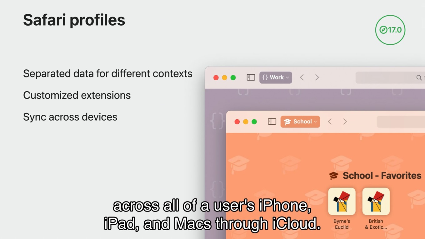 Safari v17 Profiles support extensions and sync