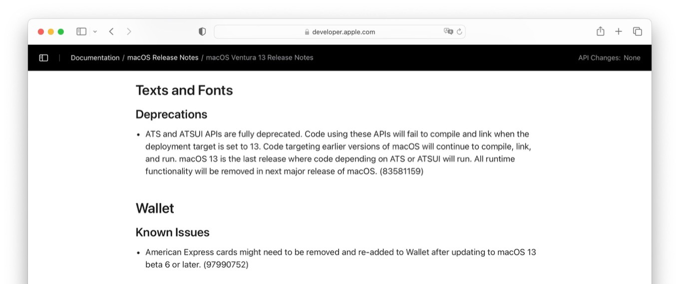 macOS Ventura 13 Release Notes deprecations ATS and ATSUI