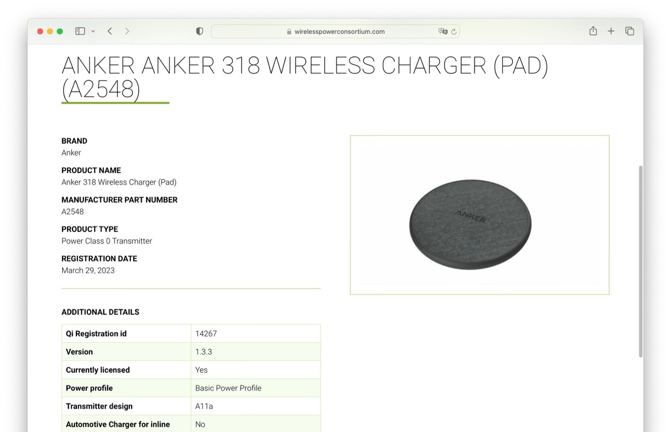 Anker 318 Wireless Charger Pad Qi Registration id