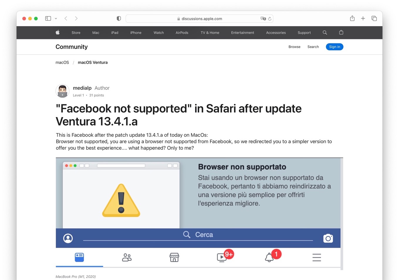 Facebook not supported in Safari after Rapid Security Responses