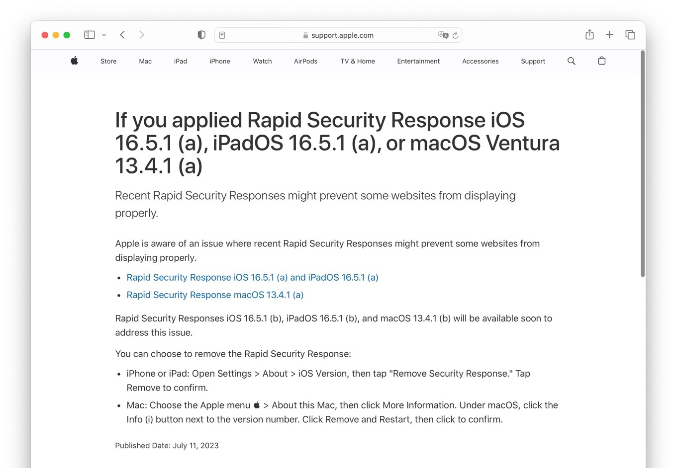 If you applied Rapid Security Response iOS 16.5.1 (a), iPadOS 16.5.1 (a), or macOS Ventura 13.4.1 (a)