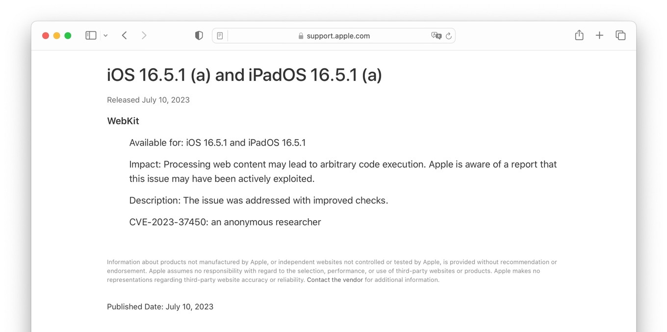 iOS 16.5.1 (a) Rapid Security Response
