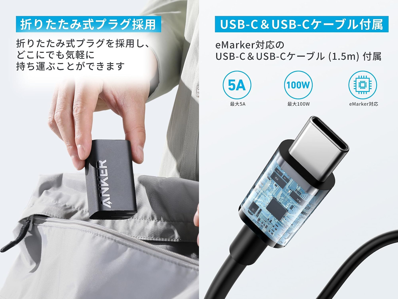 Anker Charger (67W, 3-Port) with USB-C & USB-C ケーブル